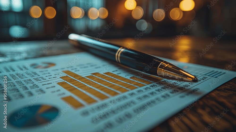 Poster a close-up view of a pen resting on financial documents with bar graphs and pie charts in a dimly li