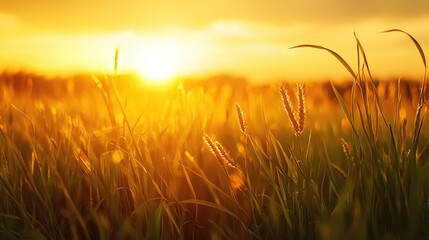 A serene sunset casts a golden glow over the tall grass, creating a peaceful and tranquil natural landscape.