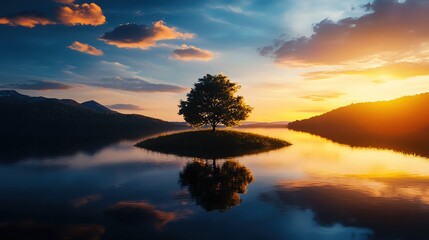 Fototapeta premium A serene sunset over a tranquil lake with a solitary tree reflecting on the water, surrounded by mountains and colorful clouds.