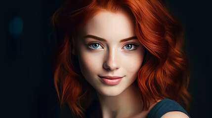 Fototapeta premium Portrait of a smiling cheerful teenage girl with a short haircut and red hair, dark blue background, banner.
