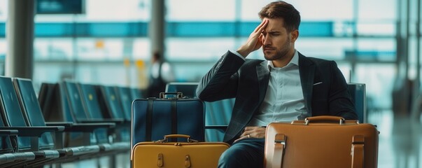 A businessman sitting at a departure gate, massaging his temples, with his briefcase and carry-on beside him