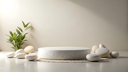 Minimalist product display with white stone podium, natural elements and soft lighting
