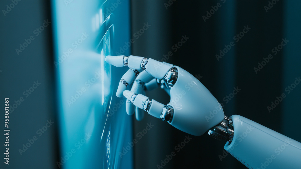 Poster a robotic hand touches a button on a virtual screen. this is an idea for how artificial intelligence