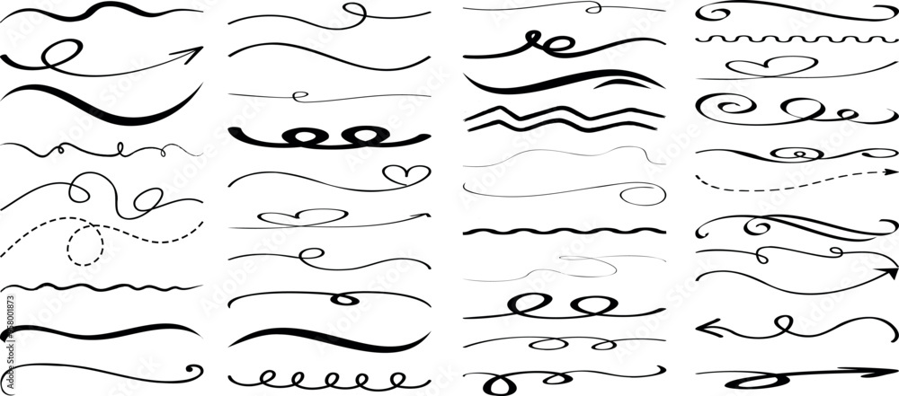 Wall mural hand drawn zigzag vector line, swirl, curve, flourishes, arrow, and decorative divider for elegant d