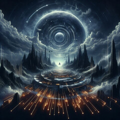 A lone figure ascends towards a colossal celestial sphere surrounded by towering spires and clouds. Radiant lines of light flow from a futuristic platform below, creating a mystical journey.