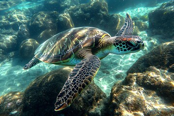 Fototapeta premium Green Sea Turtle Swimming Through Sunlit Water