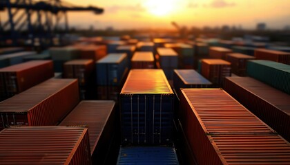 Fototapeta premium A sunset view over a sea of shipping containers, showcasing vibrant colors and industrial scenery.