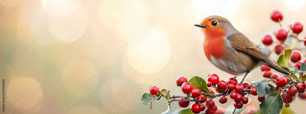 Wall mural a small bird perches on a red-berried branch, surrounded by green foliage