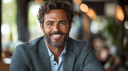 Naklejka premium A cheerful man with wavy hair in a gray blazer smiles warmly while sitting at a modern café during the afternoon