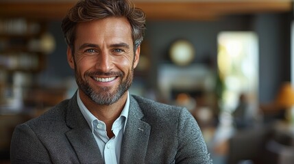 Fototapeta premium Professional man with stylish hair and beard smiles warmly in a modern indoor setting