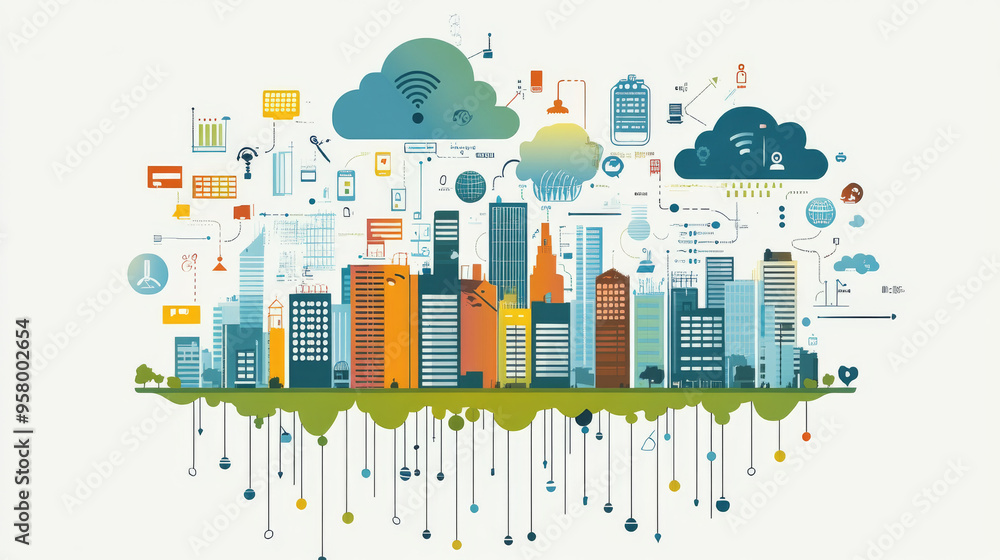 Poster smart cities use cloud computing to connect wirelessly and store data. they upload and download info