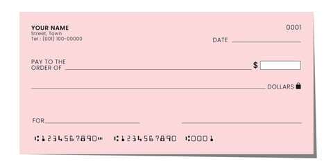 Bank check, blank money cheque, checkbook template for business. Currency payment coupon. Vector
