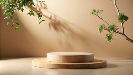 Minimalist product display with wooden podium and green leaves