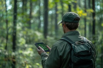 A forest ranger using GPS technology to monitor wildlife populations, symbolizing modern strategies in ecological protection
