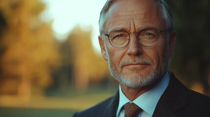 Confident older man in a suit enjoying a tranquil evening in a sunlit park surrounded by trees