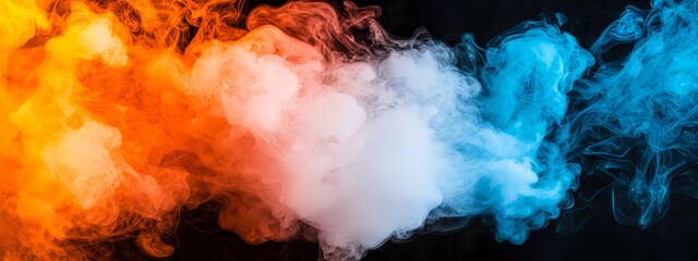  Multicolored smoke cloud against black backdrop, featuring red, orange, and blue trails