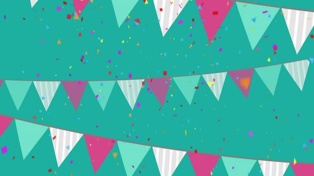 Colorful confetti and triangular flags animation over teal background