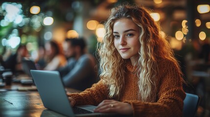 A young woman with curly hair works on her laptop in a cozy caf&eacute; filled with soft lighting and other patrons engaged in conversation