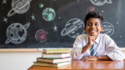 Curious Indian School Boy Surrounded by Space Themed Chalkboard and Books