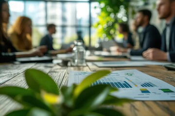 A city council meeting discussing a long-term sustainability plan, with charts showing expected reductions in carbon emissions and improvements in green spaces