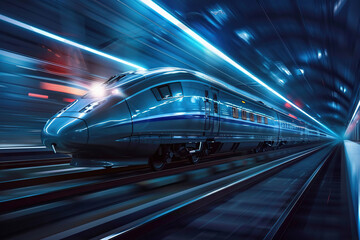 Fototapeta premium Modern high-speed train in fast motion passes through railway stations on blurred background