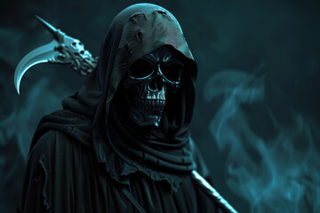 Scary grim reaper with scythe in hell on dark background with dramatic background