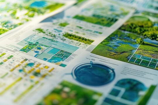 A close-up of a sustainable water management plan, with diagrams of rainwater harvesting systems and wetland restoration projects