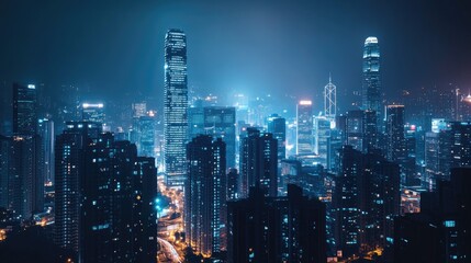 Obraz premium A night-time cityscape with illuminated high-rises and bustling streets below, emphasizing the vibrant energy of big city life. Ample copy space for text or promotional content.
