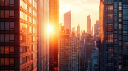 A sunset over a city skyline filled with tall buildings, the warm light reflecting off the windows, creating a dramatic and serene urban scene. Ample copy space available.