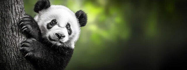 Fototapeta premium A black-and-white image of a panda bear touching tree trunk with paws, surrounded by a background of green leaves on a tree