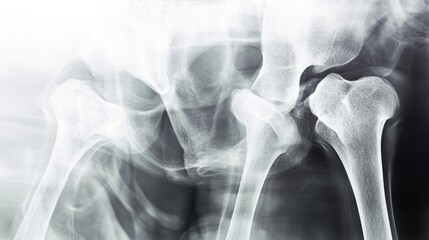 X-ray image of a human hip joint, showing the bones and surrounding tissues.