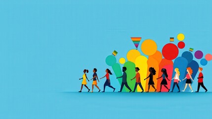 A colorful LGBTQ pride march such as individuals of various ages and races