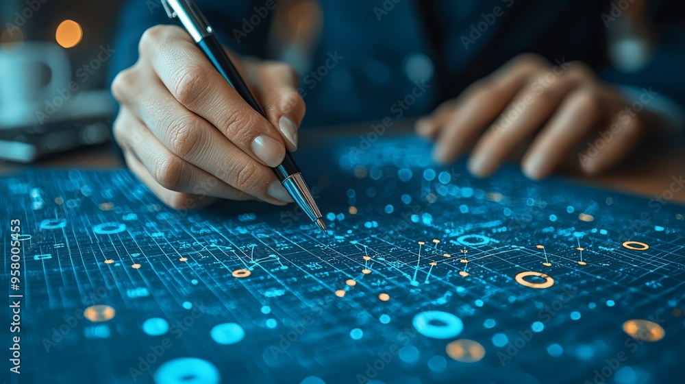 Aufkleber a professional analyzes digital data charts while writing notes during a business meeting in a moder