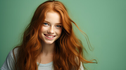 Fototapeta premium Portrait of a smiling cheerful teenage girl with long red hair and perfect skin, light green background, banner.