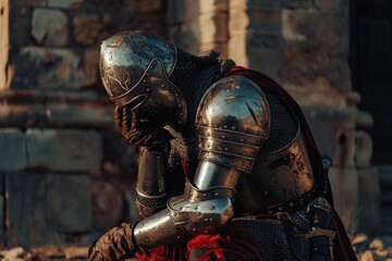 A fantastic royal knight in armor guards the castle chambers