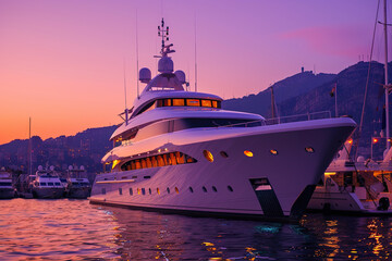 Naklejka premium Luxury private motor yacht in tropical sea with soft blue wave on beautiful nature background