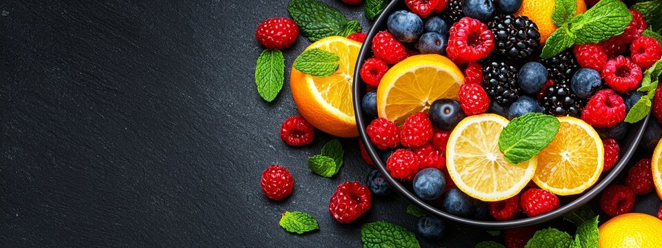  Berries, oranges, raspberries, and lemons are arranged in a bowl against a black surface (This version maintains the original meaning but improves readability by using