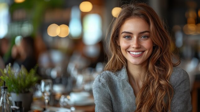A young woman smiles brightly while sitting at a beautifully arranged restaurant table during the daytime with warm lighting - Powered by Adobe