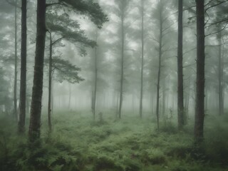 Fototapeta premium Foggy morning forest background with muted green tones