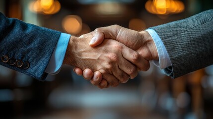 Two business professionals engage in a firm handshake to seal a deal in a modern office setting during the afternoon