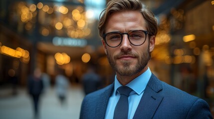 Confident man in a suit stands in a bustling urban shopping area filled with warm lights during the evening
