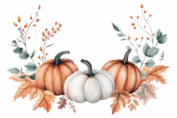 Watercolor Autumn Frame with Pumpkins and Leaves in Clip Art Style on White Background Ideal for Seasonal Decor and Creative Projects