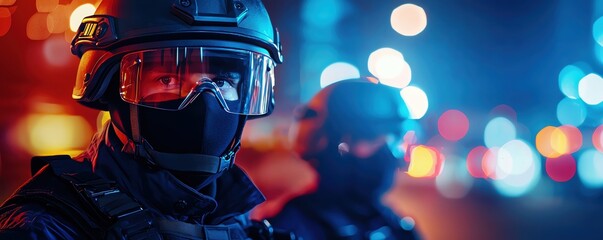 Professional police officers in tactical gear patrol at night, showcasing readiness and commitment to public safety.