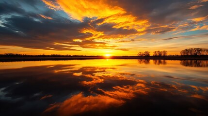 Naklejka premium Stunning sunset over calm water, showcasing vibrant orange and blue hues reflected in the serene landscape.