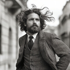 Obraz premium Black and white photo of a poet, hair blowing in the wind, wearing suit