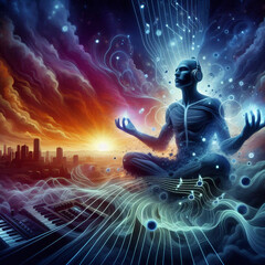 A futuristic figure meditates, seated in a digital landscape, with music notes and circuits flowing from their mind. A city skyline and vibrant sunset blend with swirling energy waves.