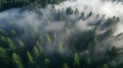 The drone captures the towering redwoods of a dense forest, with mist rolling in from the coast