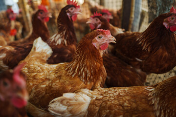 brown chicken or hen lay eggs in rural farm