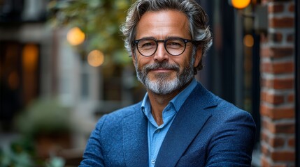 Fototapeta premium Professional man with glasses smiling and crossing arms in a city setting during daytime