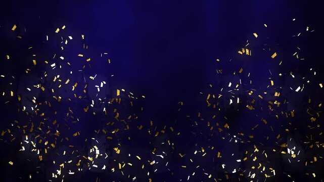 Gold and silver confetti animation over dark blue background
